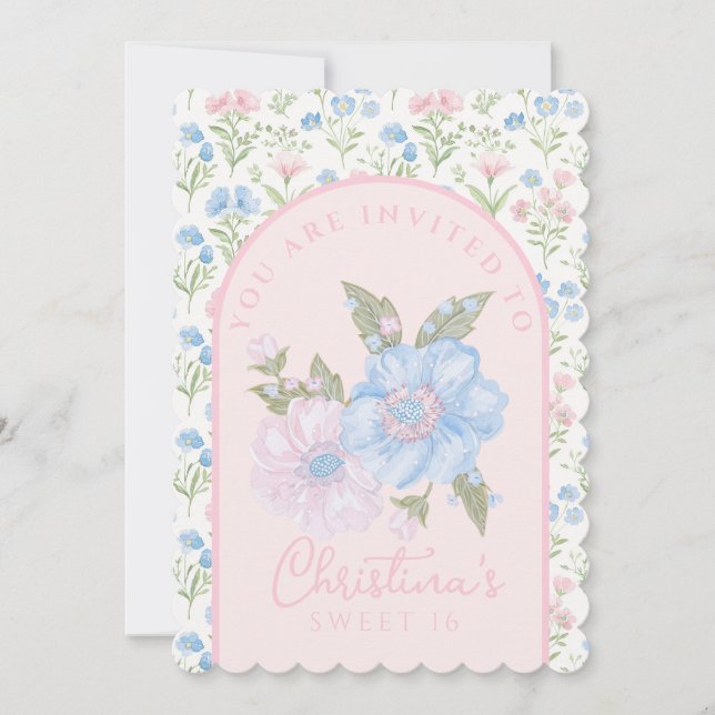 Invitación Blue and Pink Grandmillennial Floral Sweet 16 (Anverso)