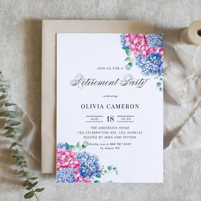 Invitación Blue and Pink Hydrangea Floral Retirement Party (Watercolor Blue and Pink Hydrangea Floral Retirement Party Invitation)