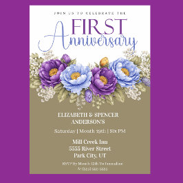 Invitación Blue and Purple Peony 1st Wedding Anniversary