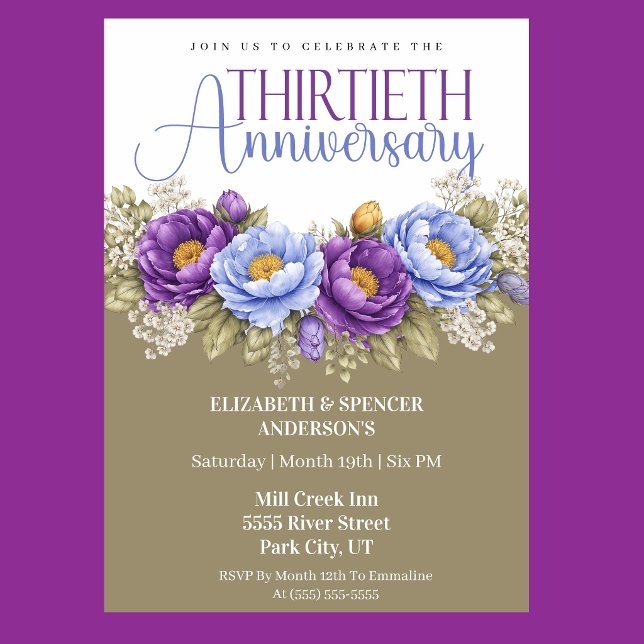 Invitación Blue and Purple Peony 30th Wedding Anniversary (Elegant blue and purple peony floral 30th wedding anniversary invitation)