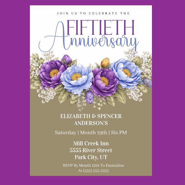 Invitación Blue and Purple Peony 50th Wedding Anniversary (Elegant blue and purple peony floral 50th wedding anniversary invitation)