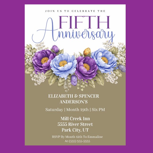 Invitación Blue and Purple Peony 5th Wedding Anniversary (Elegant blue and purple peony floral 5th wedding anniversary invitation)