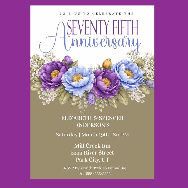 Invitación Blue and Purple Peony 75th Wedding Anniversary (Elegant blue and purple peony floral 75th wedding anniversary invitation)