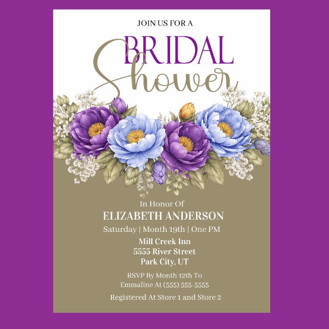 Invitación Blue and Purple Peony Bridal Shower (Elegant blue and purple peony floral bridal shower invitation)