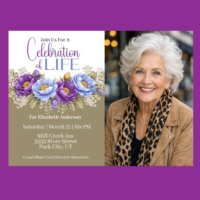 Invitación Blue and Purple Peony Celebration Of Life (Elegant blue and purple peony floral celebration of life invitation)
