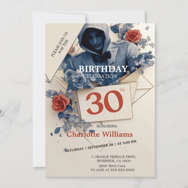 Invitación Blue and Red Rose Gothic 30 cumpleaños (Anverso)
