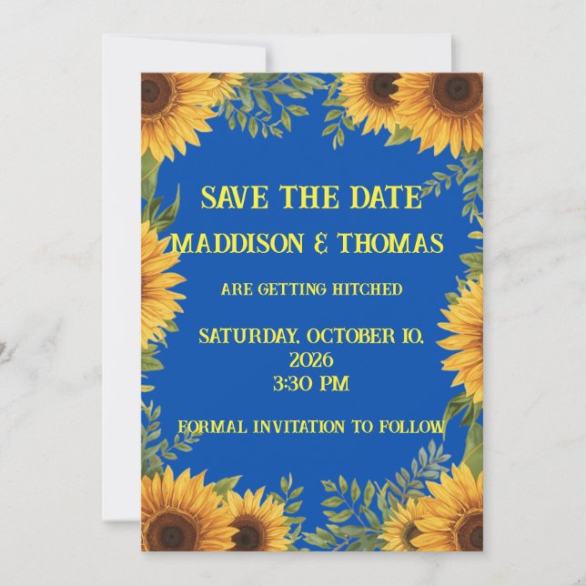 Invitación  Blue and Sunflower Personalised Save The Date (Anverso)