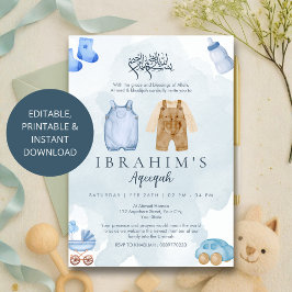 Invitación Blue and Tan Watercolor Baby Boy Aqeeqah inivite