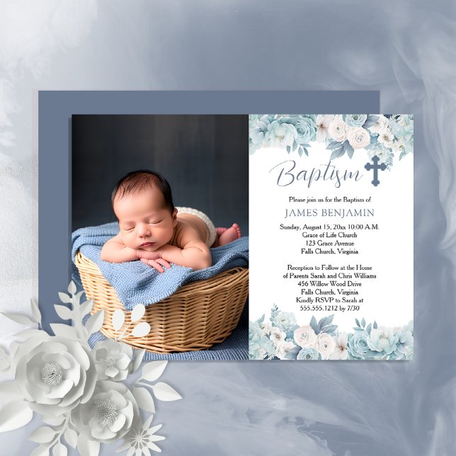 Invitación Blue and White acuarela Floral Boy Photo Baptism (Subido por el creador)