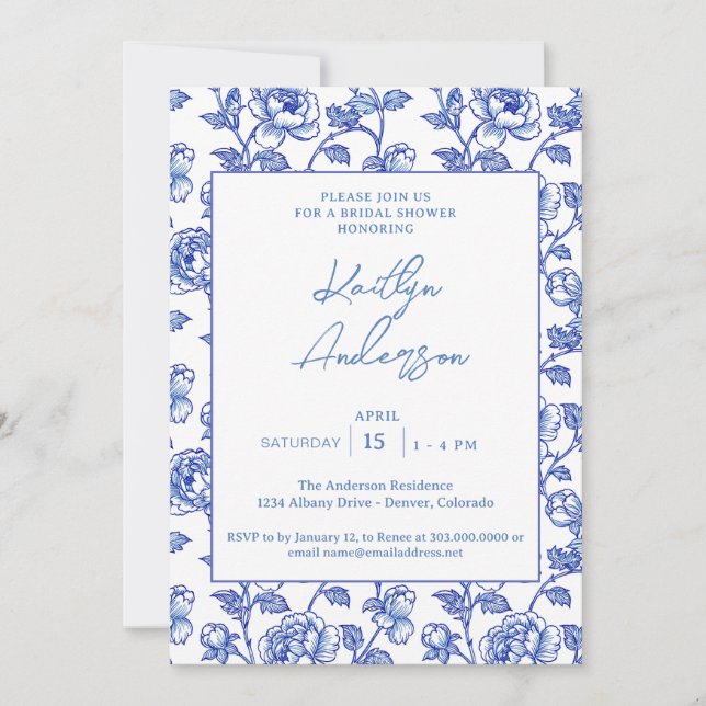 Invitación Blue and White Chinoiserie Bridal Shower (Anverso)