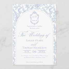 Invitación Blue and White Floral Chinoiserie Monogram Wedding