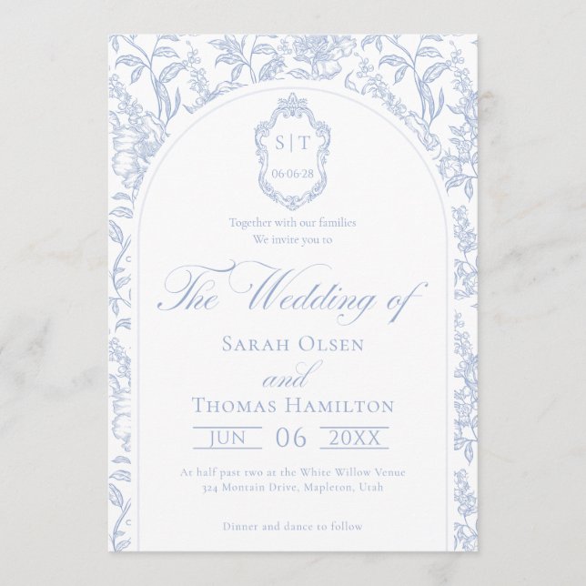 Invitación Blue and White Floral Chinoiserie Monogram Wedding (Anverso)