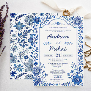 Invitación Blue and White Floral Elegant Botanical Classic 