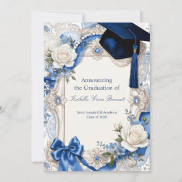 Invitación Blue and White Floral Graduation Invitation Card