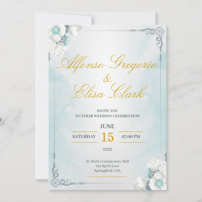 Invitación Blue and White Flower Beauty Wedding Invitation (Anverso)