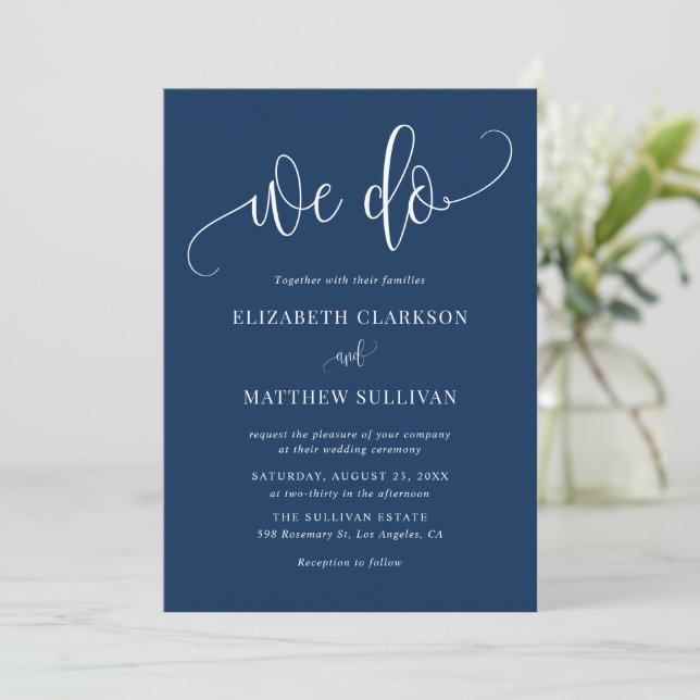 Invitación Blue and White Hacemos Boda de caligrafía moderna (Anverso de pie)