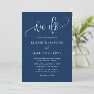 Invitación Blue and White Hacemos Boda de caligrafía moderna