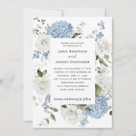 Invitación Blue and White Hydrangeas, White Roses Floral 