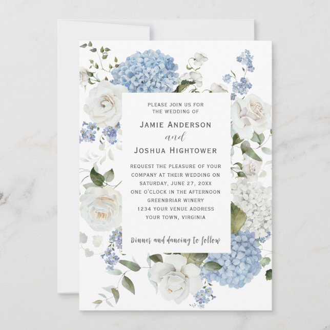 Invitación Blue and White Hydrangeas, White Roses Floral  (Anverso)