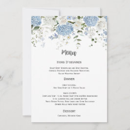 Invitación Blue and White Hydrangeas White Roses Wedding Menu