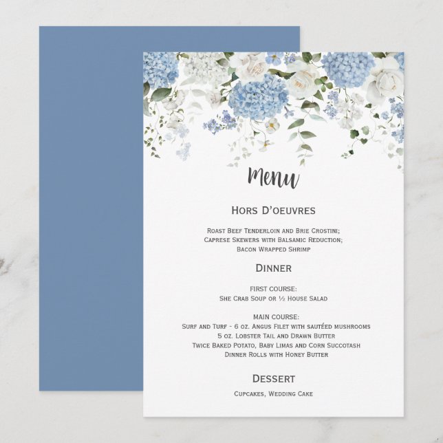 Invitación Blue and White Hydrangeas White Roses Wedding Menu (Anverso / Reverso)