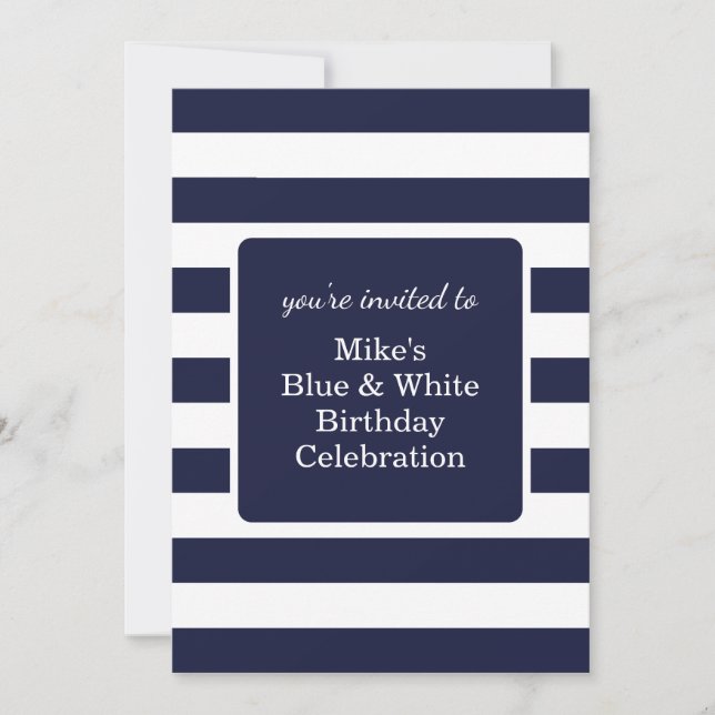 Invitación Blue and White Mens Birthday Party  (Anverso)