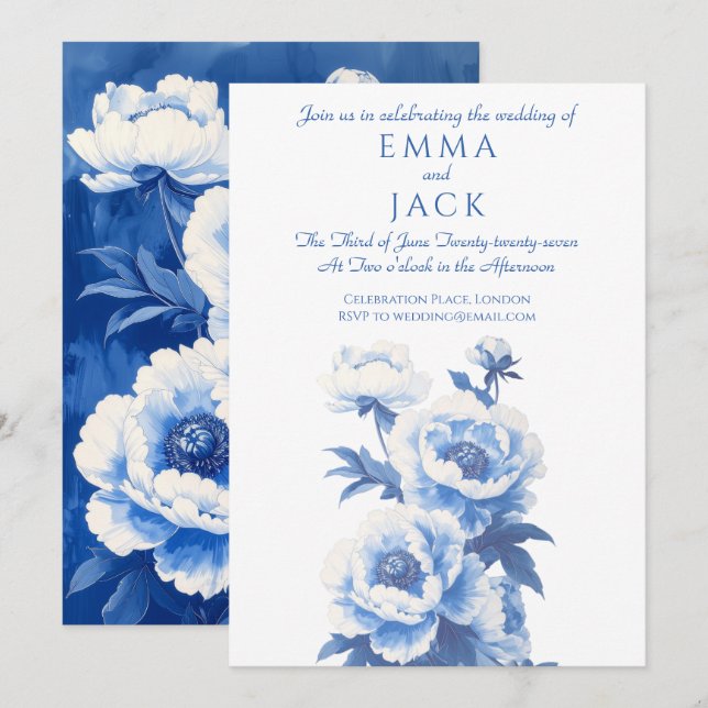 Invitación Blue and white peonies wedding invitation (Anverso / Reverso)