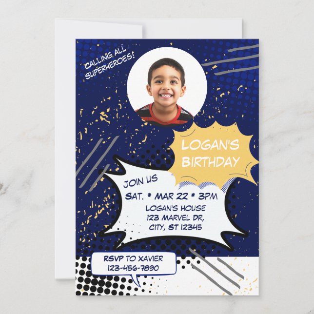 Invitación Blue and Yellow Comic Birthday with picture (Anverso)