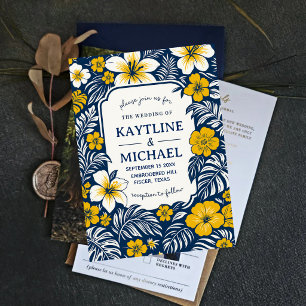 Invitación Blue and Yellow  Floral Elegant Hawaiian Hibiscus 