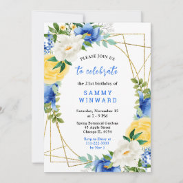 Invitación Blue and Yellow Flowers with Foliage Birthday