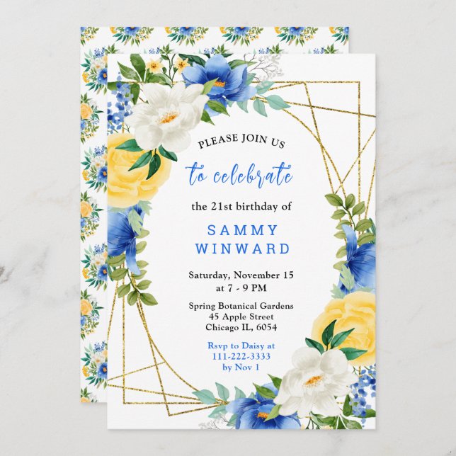 Invitación Blue and Yellow Flowers with Foliage Birthday (Anverso / Reverso)