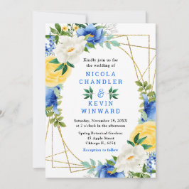 Invitación Blue and Yellow Flowers with Foliage Wedding
