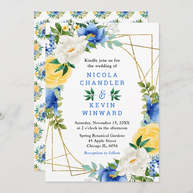 Invitación Blue and Yellow Flowers with Foliage Wedding (Anverso / Reverso)