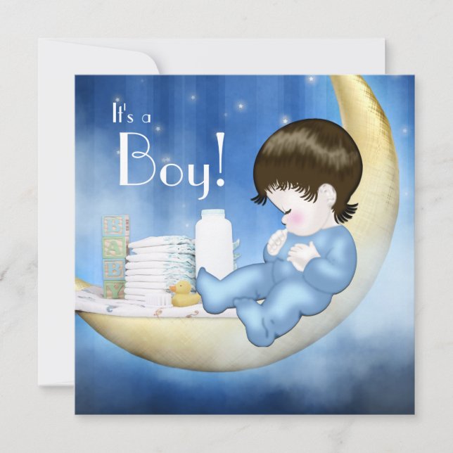 Invitación Blue and Yellow Moon Baby Boy Shower (Anverso)