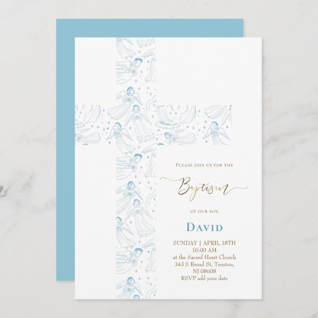 Invitación blue angels pattern Holy Cross Baptism (Anverso / Reverso)