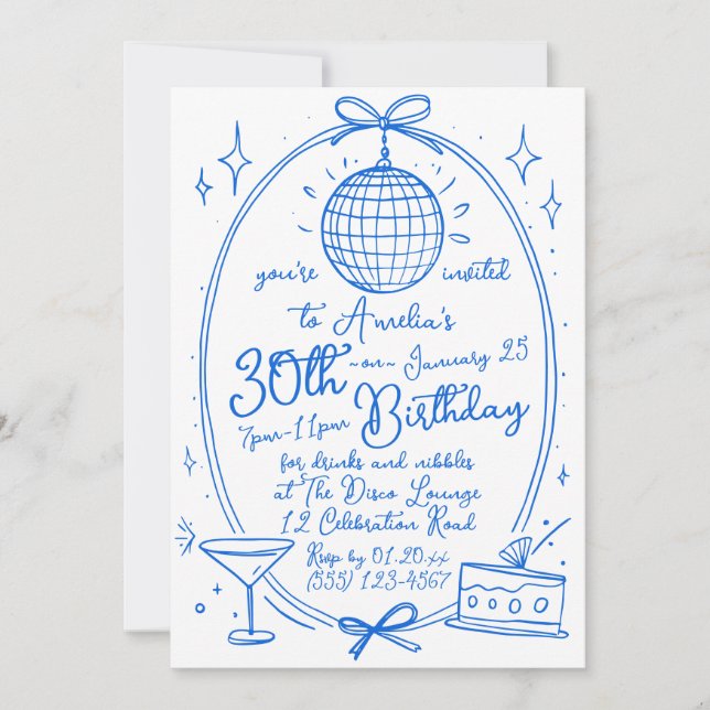 Invitación Blue Any Age 30th Birthday Disco Hand Drawn (Anverso)