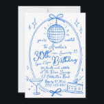 Invitación Blue Any Age 30th Birthday Disco Hand Drawn<br><div class="desc">Celebre su día especial con esta vibrante invitación de cumpleaños número 30 del personalizado, que incluye un diseño de bola disco dibujado a mano. Perfecto para una noche de bebidas y aperitivos, esta invitación marca la pauta para un fiesta inolvidable. Personalice los detalles de su evento para crear una invitación...</div>
