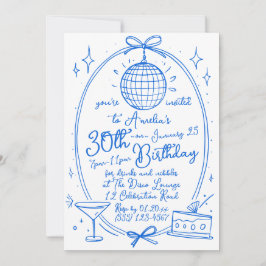 Invitación Blue Any Age 30th Birthday Disco Hand Drawn