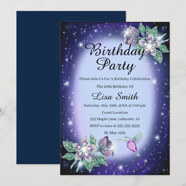 Invitación Blue Any Age Bling Floral Bird Cumpleaños (Anverso / Reverso)