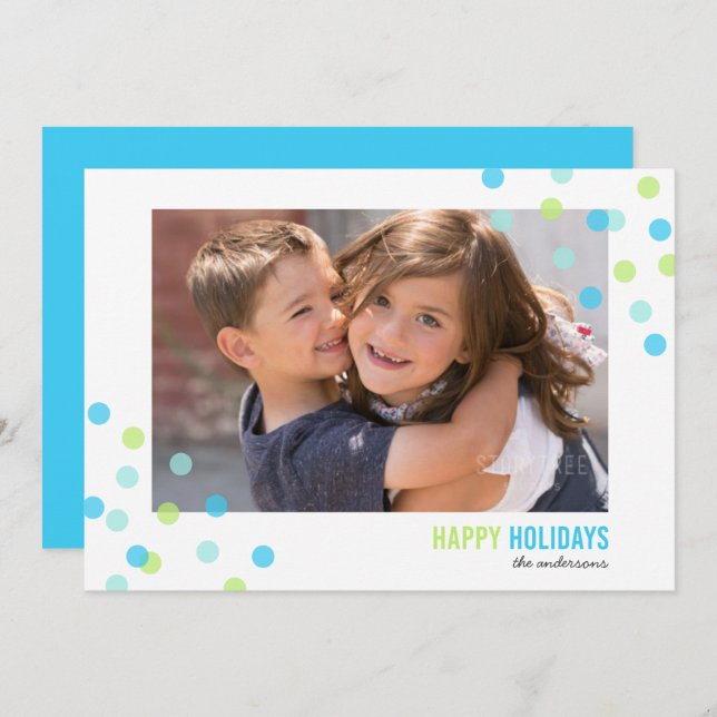 Invitación Blue Aqua Green Confetti Photo Happy Holidays Card (Anverso / Reverso)