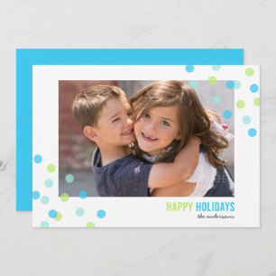 Invitación Blue Aqua Green Confetti Photo Happy Holidays Card