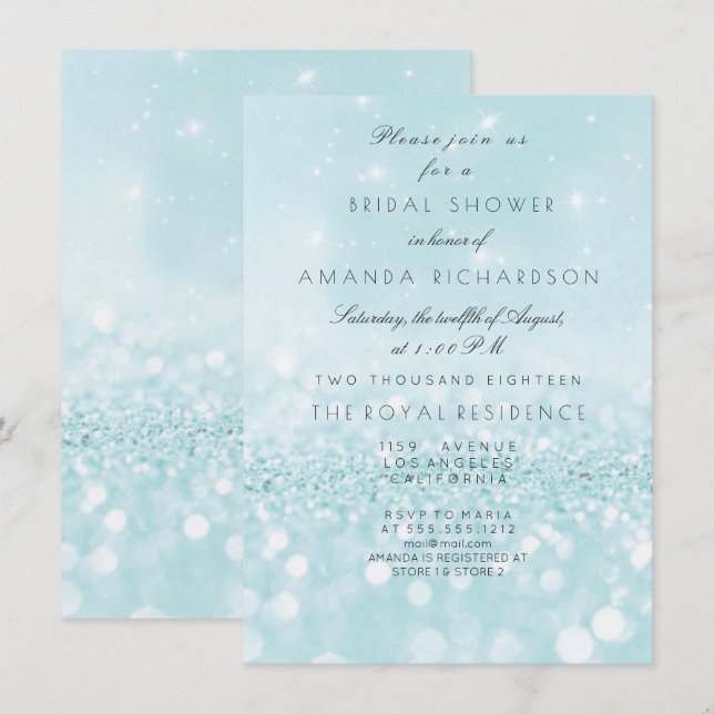 Invitación Blue Aqua Pastel Sparkly Purpurina Bridal Shower (Anverso / Reverso)