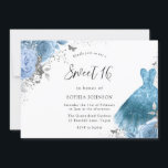 Invitación Blue Aqua Silver Vestido y Flores Dulces 16<br><div class="desc">Blue Aqua Silver Dress & Flowers Sweet 16 Invitation Más elegantes diseños florales Quinceanera en nuestra tienda!</div>