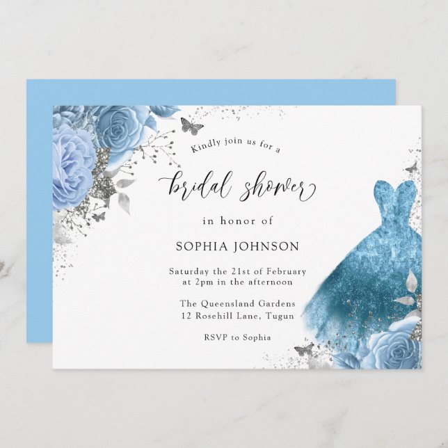 Invitación Blue Aqua Silver Vress & Flowers Bridal Shower (Anverso / Reverso)