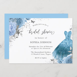 Invitación Blue Aqua Silver Vress & Flowers Bridal Shower