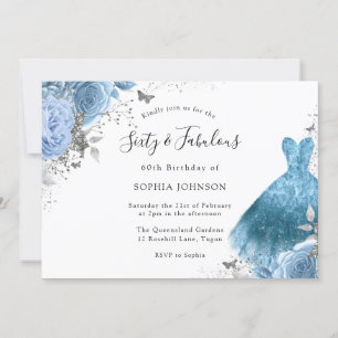 Invitación Blue Aqua Vress & Flowers 60th & Fabulous Birthday