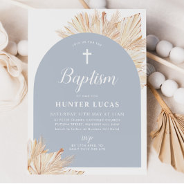 Invitación Blue Arch Boho Floral Boys Bautismo Christening
