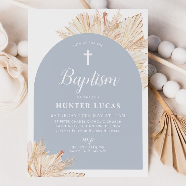 Invitación Blue Arch Boho Floral Boys Bautismo Christening (Blue Boho Baptism Invitation)