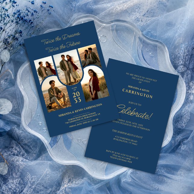 Invitación Blue Arched Collage Double Grads Twins TMF26 (Stylish double graduation invitation with five arched photo placeholders and gold faux effect.)