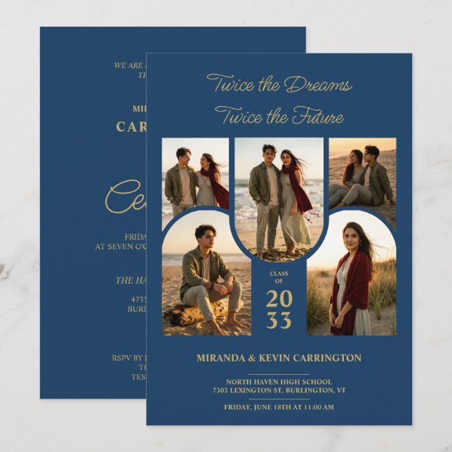 Invitación Blue Arched Collage Double Grads Twins TMF26 (Anverso / Reverso)